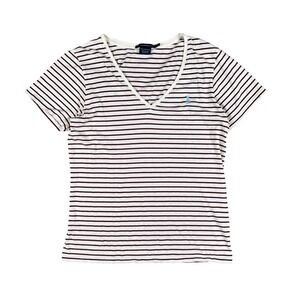 Ralph Lauren Sport Y2K‎ Women's XL Striped V-Neck T-Shirt Burgundy White Polo
